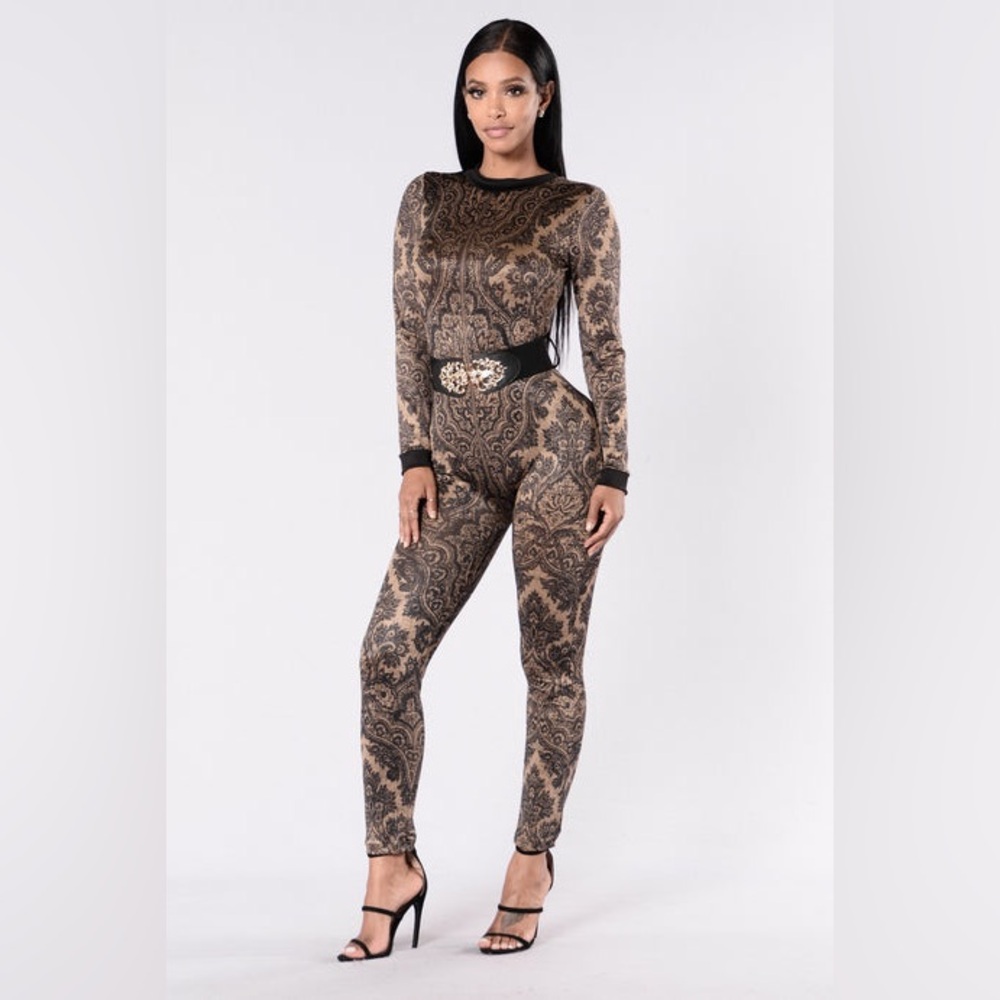Fashion Nova Now At The Party Paisley Jumpsuit Small Black Taupe Bodycon